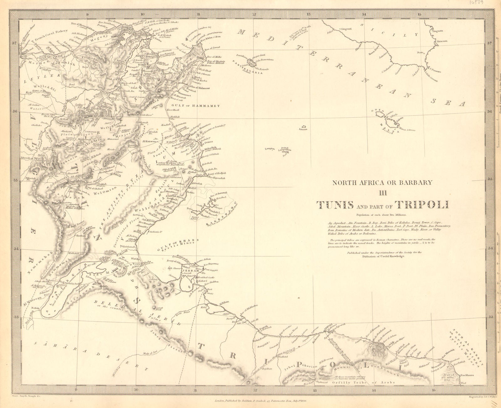 TUNISIA LIBYA. North Africa or Barbary. Tunis Tripoli. SDUK 1848 old map